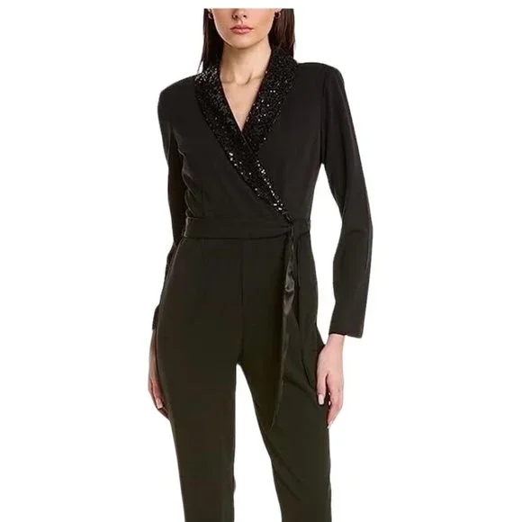 Adrianna Papell Womens Stretch Crepe Tuxedo Jumpsuit with Sequin